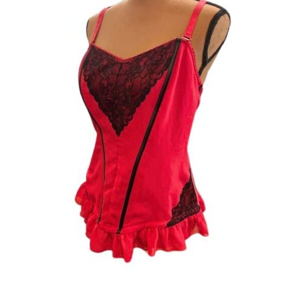 Torrid Intimates Red Corset with Black Lace and Ruffled Hem with Boning Built-In - Picture 4 of 8
